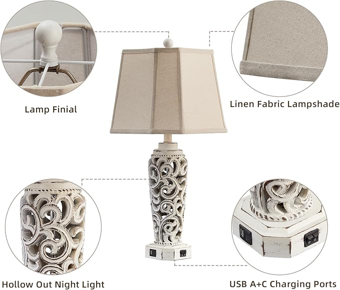 27" Rustic Table Lamps Set of 2 for Living Room with USB A+C Ports, Vintage Nightstand Bedroom Lamp with Hollow Nightlight