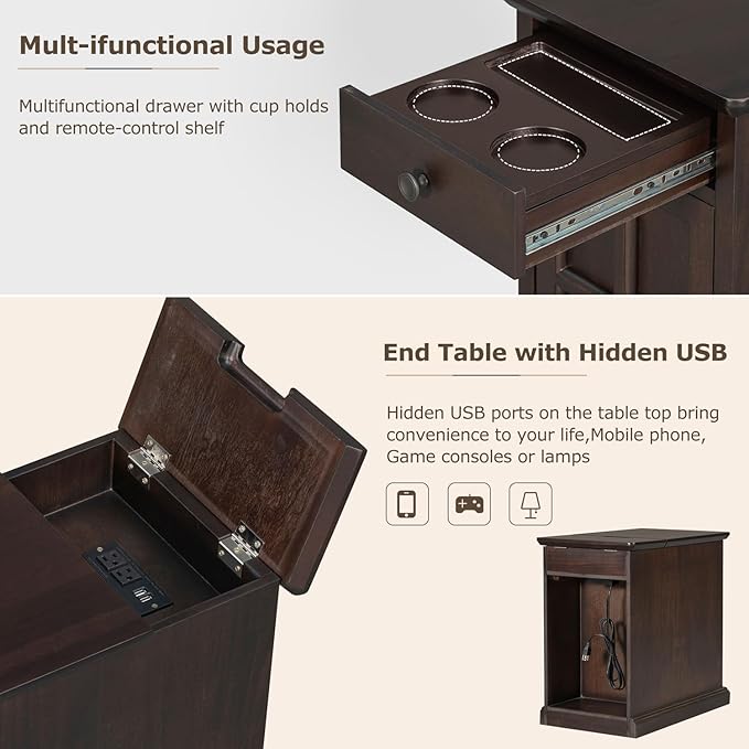 Traditional Wood Narrow End Table with Charging Station, Modern Vintage Sofa Side Table Storage & Multifunctional Drawer, Antique Espresso Set of 2 for Living Room, Bedroom, Office, No Assembly
