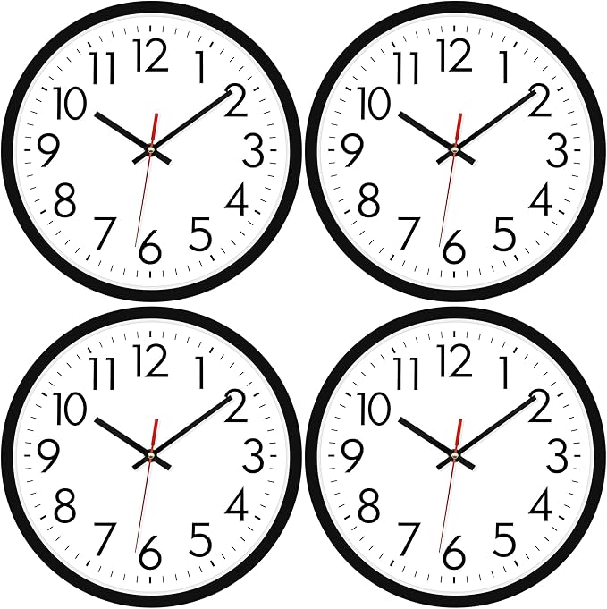 Lumuasky 4 Pack Black Wall Clock,12 Inch Silent Battery Operated Non Ticking Quartz Round Analog Classic Clock Modern Design for Home Office Classroom School Living Room Bedroom