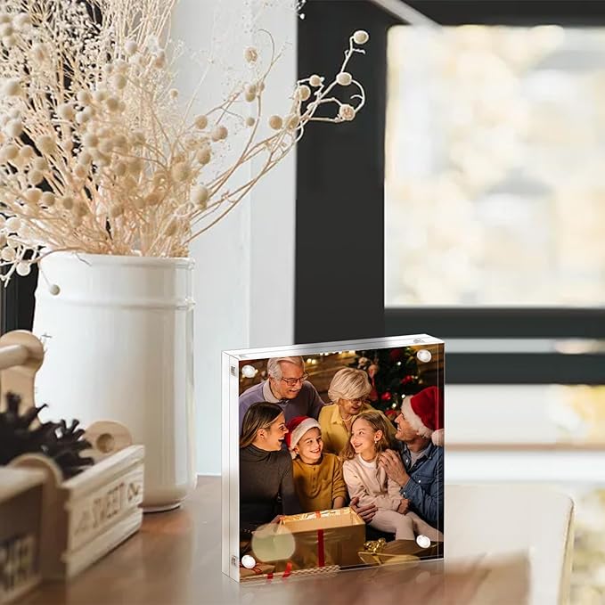 Acrylic Picture Frame 8x8, Clear Double Sided Frameless Photo Frame with Magnetic, Free Standing Desktop Acrylic Frame Display, Lucite Frame with Gift Box Package, 12+12mm Thickness - 1 Pack