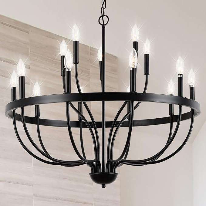Black Chandelier 15-Light Industrial Iron Candle Chandelier Modern Suspended Farmhouse Chandeliers Pendant Light Fixtures for Dining Room Bedroom Living Room Kitchen Island Foyer E12 Bulb