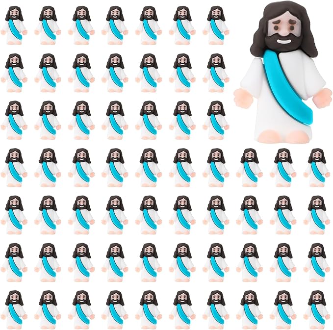 Bememo 100 Pcs Jesus Toys Original Design Mini Rubber Little Jesus Figurine to Hide and Seek Religious Party Favors Sunday School Craft Baptism Gifts for Easter Egg Stuffers(Cyan)