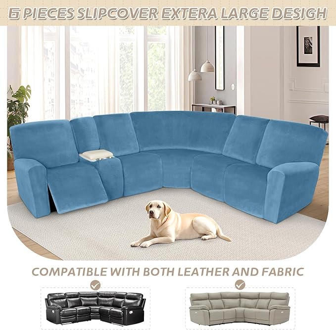 Arfntevss Sectional Recliner Couch Covers Velvet Washable Corner Sectional Sofa Cover for Reclining Stretch Soft Thick L Shape Recliner Slipcover Set (5 Seat with 1 Console Cover, Light Blue)