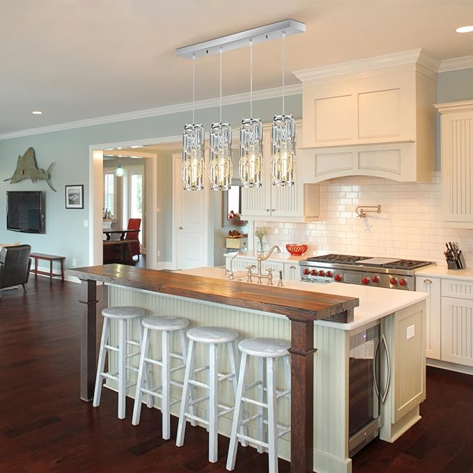 LMQNINE 4 Light Chrome Pendant Lighting Modern Pendant Light, Mini Crystal Chandeliers,Adjustable Pendant Light Fixture for Kitchen Island Dinning Room Bedroom(Chrome 4-Light)