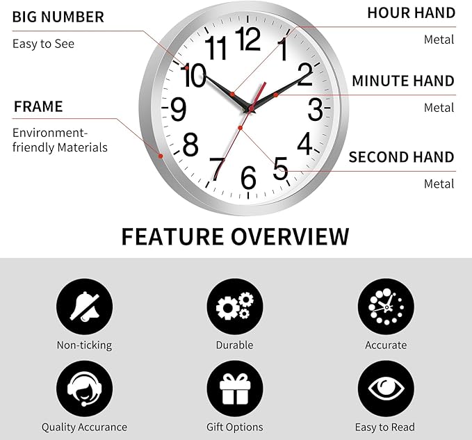 Wall Clock Modern 8 Inch Battery Operated Silent Non Ticking Small Analog Clock Decorative for Living Room Office Home Bedroom Kitchen Bathroom(Silver)