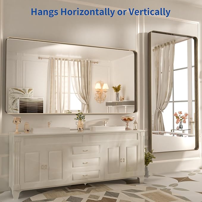 WEER 72x36 Inch Bronze Bathroom Mirror for Vanity, Brushed Bronze Metal Frame Mirror for Wall, Rounded Rectangle Bronze Frame Mirror with Tempered Glass, Anti-Rust (Horizontal/Vertical)