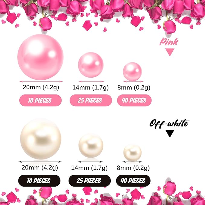 Pink White Vase Filler | 150PCS Pearls Bead for Centerpieces Vases | 8/14/20 mm No Hole Beads, Fake Pearls for Wedding Birthday Theme Party Table Centerpieces Decor