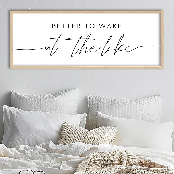 SRSZHIYUE Better To Wake At The Lake Wall Decor Above Bed Sign 40"×15" for Lake House Bedroom Over Bed Large Wood Framed Wall Hanging Art (Wood)