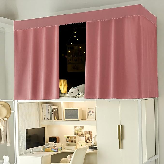 NKM Pink Blackout Bunk Bed Curtains with Canopy Bed Frame,Bunk Bed Tent for Top Bunk,Suitable for Single Bed in Student Dorm