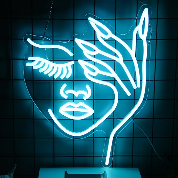 Woman Face Neon Sign Nails Finger LED Signs Lady Lash Neon Light Blue Dimmable Nail Gesture Neon Wall Sign for Bedroom Girls Room Beauty Salon Decor Aesthetic Wall Art Gifts