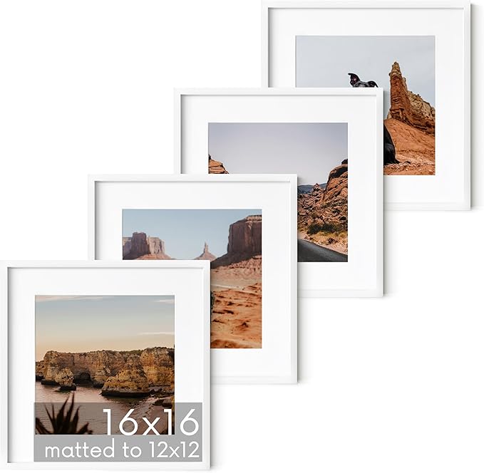 HAUS AND HUES 16x16 White Metal Picture Frames Matted to 12x12 - Features Premium Aluminum & Hanging Hardware, Shatterproof Plexiglass - Ideal for Home, Room, Office (16x16 in, White, Set of 4)