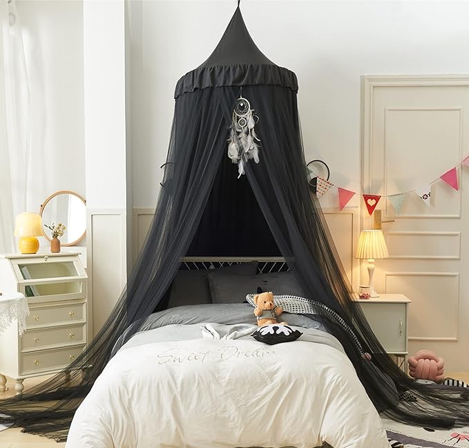 Bed Canopy for Girls,Princess Round Dome Dreamy Mosquito Net Bedding Girls Room Castle Play Tent Hanging House Decor Reading Nook Canopies (Black/Black)