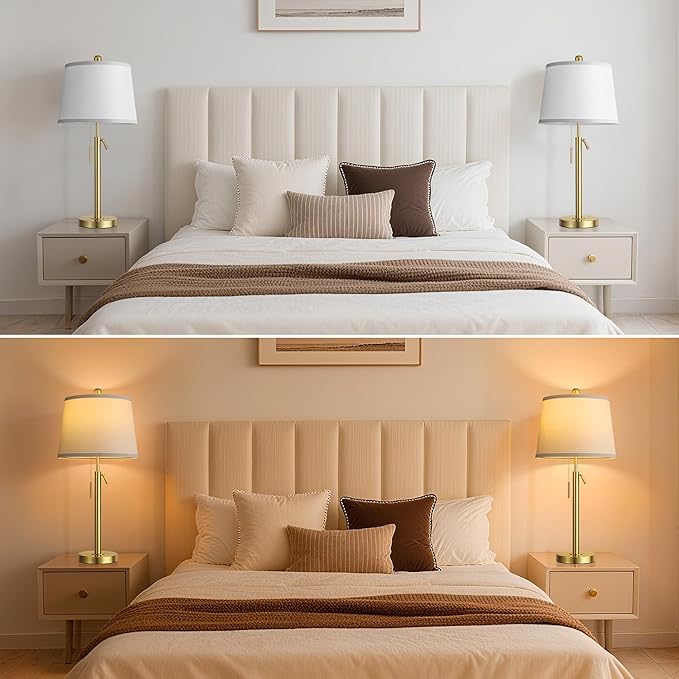 PARTPHONER Bedside Lamps Set of 2, Tall Table Lamps for Living Room, Height Adjustable Nightstand Lamps for Bedroom Office, Modern End Table Lamps with Pull Chain(LED Bulbs Included), Gold