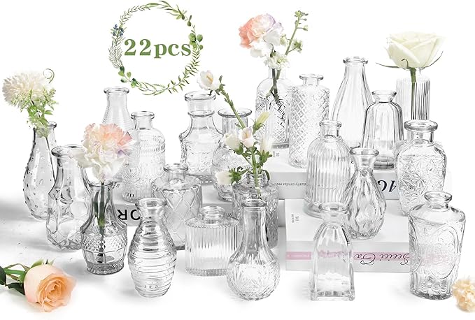 22 Pack Bud Vase in Bulk - BEAHOT Clear Flower Vases for Wedding Decorations, Glass Vase for Centerpiece Table Decorations, Small Boho Vase for Home, Wedding Decor, Mother's Day, Party, Office