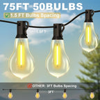 75FT Outdoor String Lights Waterproof with 50+4 Bulbs (1.5FT Bulbs Spacing), Remote & Dimmer, Commercial Patio String Lights with 3 Mode Light & Timing, 100PC Mounting Ties for Outside