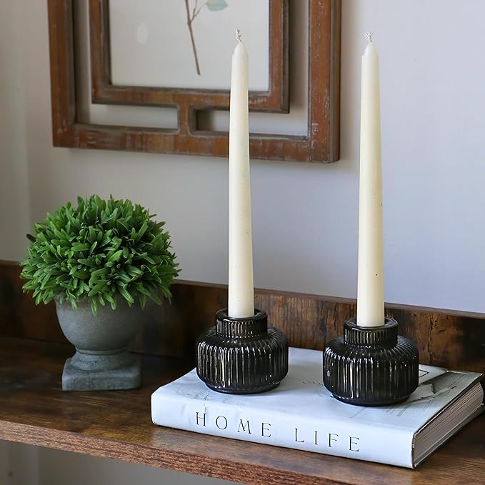 Kate Aspen Taper Candle Holders for Candlesticks, Smoke Grey Ribbed Glass Candlestick Holders Set of 4 - Candlestick Stand Decor, Fall Home Decor Accents, Modern Centerpieces, Black Candle Holder