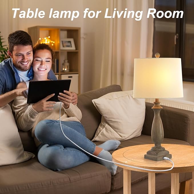 𝟐𝟔-𝐈𝐍𝐂𝐇 Rustic Table Lamp Set of 2 for Living Room, Vintage Farmhouse Bedside Lamp with USB Charging Port, 3 Way Dimmable Resin Nightstand Lamps with White Shade for Bedroom, End Table