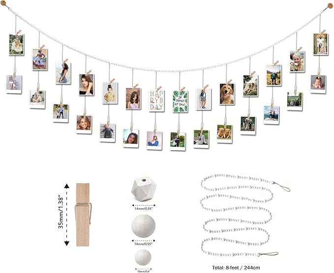 8 Feet Wooden Beads Garland with Clothespins Picture Cards Holder - Country Farmhouse Christmas Nursery Boho Holiday Decorations with Clips