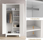 71'' Farmhouse Metal Wardrobe Cabinet with Hanging Rod, 2 Barn Door Wardrobe Closet with 5 Adjustable Shelves,Drawer,for Dining Room,Bedroom,Living Room, Cloak Room,Office (White)