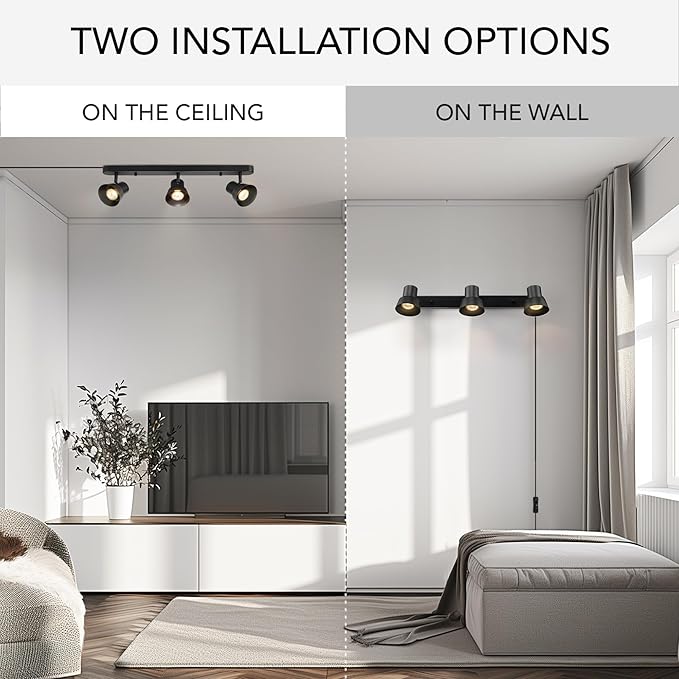 Globe Electric 64000115 22" 3-Light Plug-in Track Lighting, Matte Black, Pivoting Track Heads, 15-Foot Black Cord, in-Line on/Off Rocker Switch