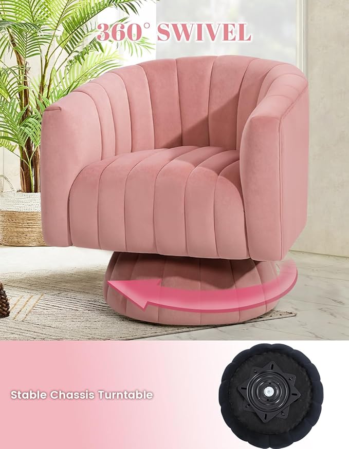 Kromax Swivel Accent Chair with Armrest, Set of 2, Mid Century 360 Degree Swivel Barrel Chair Overstuffed Tufted Velvet, Ideal for Living Room, Bedroom, Reading Room, Light Pink