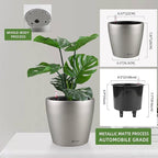 Dexceder 9x8 Inches Self Watering Planter Metallic Matte Indoor Outdoor, Inner Pot Design, Thickened Table Flower Plant Pot with Water Level Indicator (Smoky Gray)