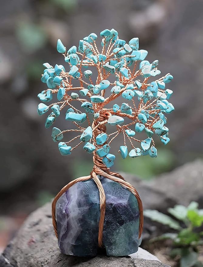 Crocon Howlite Green Turquoise Gemstone Money Tree with Fluorite Rough Wire Wrapped Base | Feng Shui Bonsai | Ornament Figurine | Chakra Balancing | Reiki Crystal Healing | Spiritual | Decor Size 5-6"