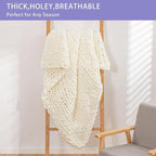 Bigacogo Chunky Knit Throw Blanket for Couch, 40x40 inches, 100% Hand Knitted with Thick Jumbo Chenille Yarn, Cozy Soft Large Rope Knot Cable Crochet Blankets for Sofa Bed Living Room, Ivory