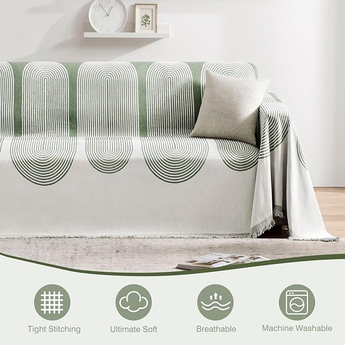 Couch Cover Boho for Dogs Washable Green Couch Covers for 2 Cushion Couch, Chenille Sectional Couch Covers L Shape Sofa Cover, Furniture Protector for Kids, Pets, Green 91" X118"