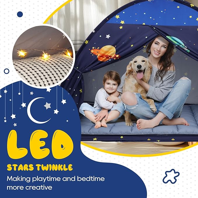 Twin Bed Tent Canopy, Space Indoor Blackout Privacy Toddler Bed Tent for Kids with Light, Portable Sleeping Floor Kids Playhouse (Blue)
