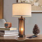 Farmhouse Table Lamps for Living Room with 2 USB Charging Ports, Vintage Rustic Nightstand Lamp with Amber Glass Nightlight, Retro Desk Lamp for Bedroom Entryway, 2 Bulbs Included