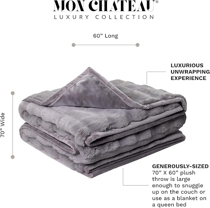 Mon Chateau 60" x 70" Faux Fur Throw Blanket - Reversible Soft Blanket for Queen-Size Bed, Couch, or Sofa, Cozy Home Decor and Stylish Living Room Comfort in Grey
