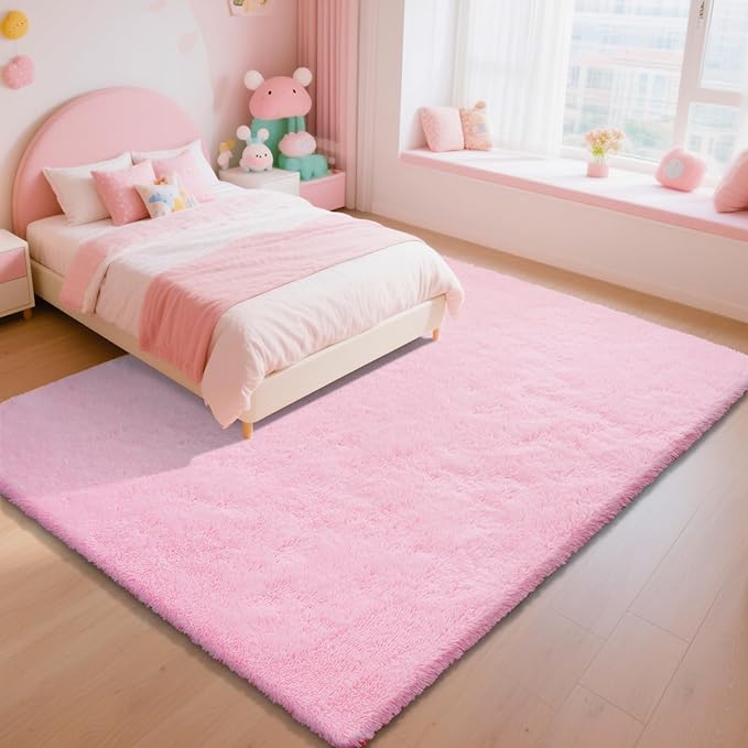 Pink Fluffy Rug Shaggy Area Rug, 9x12 Area Rugs for Girls Bedroom, Big Soft Shaggy Bedside Non-Slip Plush Dorm Nursery Kids Carpet Home Decor Aesthetic