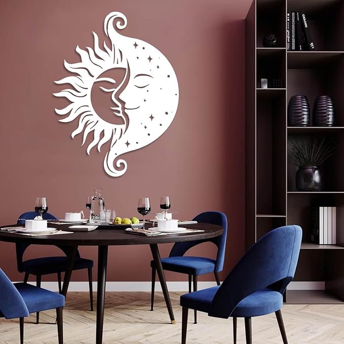 Tuglona Sun and Moon Metal Wall Art, Sun Metal Wall Decor, Moon Wall Art, Boho Wall Decor, Celestial Wall Decoration, Modern Celestial Wall Hanging, Bathroom Wall Hanging (Gold, 35"x27"/90x69cm)