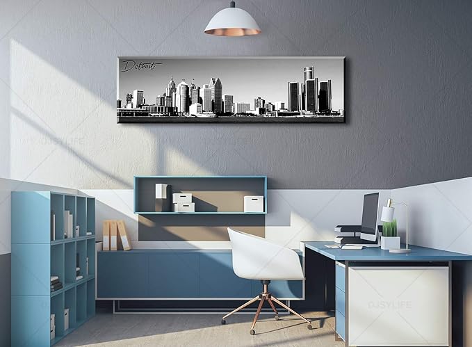 DJSYLIFE Detroit Skyline Wall Art Black and White Canvas Prints USA Skyscraper Panoramic Cityscape Picture for Bedroom Office Home Decoration Ready to Hang 13.8" x 47.3"