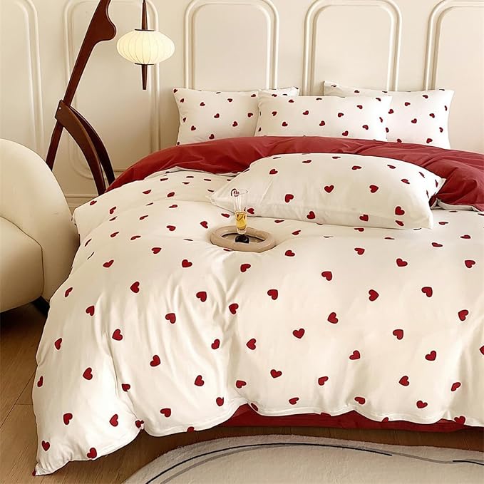 Heart Comforter Set King Size - 3 Pieces Red White Heart Comforter Bedding Sets for Girls Kids,King Bed in a Bag with Heart Love Comforter and 2 Pillowcases
