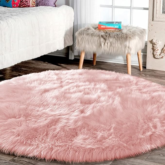 Latepis Pink Rugs for Bedroom Girls Round Rugs 8ft Large Area Fluffy Circle Plush Shaggy Rug Washable Faux Fur Rug for Living Room Nursery Play Tent Floor Home Decor