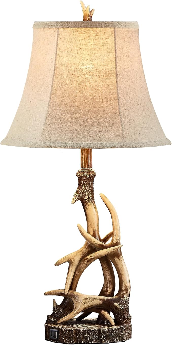 27.25'' Rustic Antler Table Lamp for Bedroom Nightstand Lamps with USB A + C Charging Ports Western Cabin Lamps for Living Room Home Office, Linen Lampshade, Single, Bulb Not Included