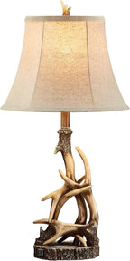 27.25'' Rustic Antler Table Lamp for Bedroom Nightstand Lamps with USB A + C Charging Ports Western Cabin Lamps for Living Room Home Office, Linen Lampshade, Single, Bulb Not Included