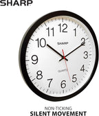 Sharp Wall Clock – Black, Silent Non Ticking 14 Inch Quality Quartz Battery Operated Round Easy to Read Home/Kitchen/Office/Classroom/School Clocks, Sweep Movement