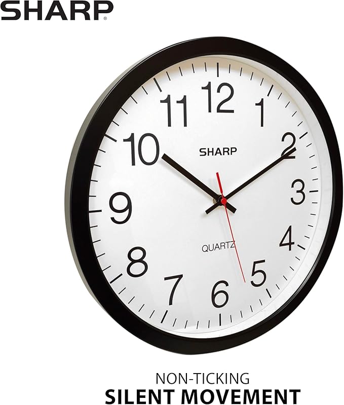 Sharp Wall Clock – Black, Silent Non Ticking 14 Inch Quality Quartz Battery Operated Round Easy to Read Home/Kitchen/Office/Classroom/School Clocks, Sweep Movement