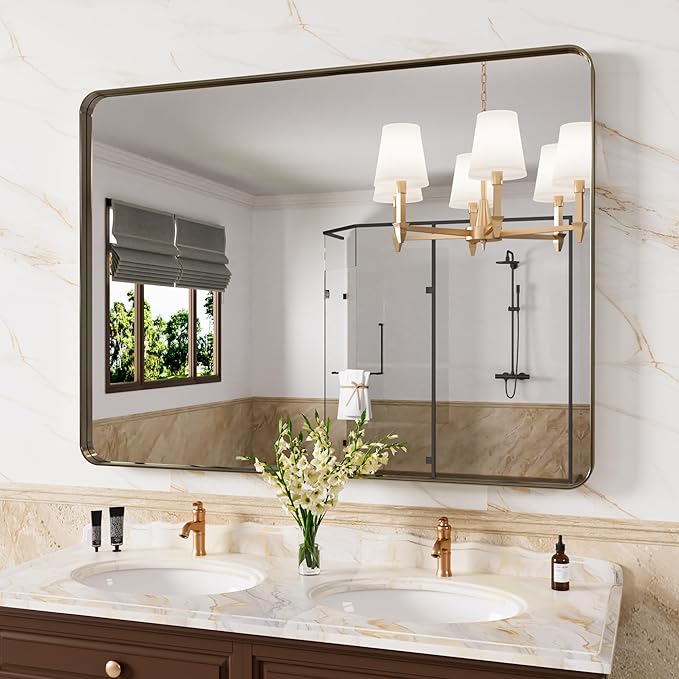 Bronze Bathroom Mirror 48x30 Inch, Brushed Bronze Metal Frame Mirror for Wall, Rounded Rectangle Bathroom Vanity Mirror with Tempered Glass, Anti-Rust, Horizontal/Vertical