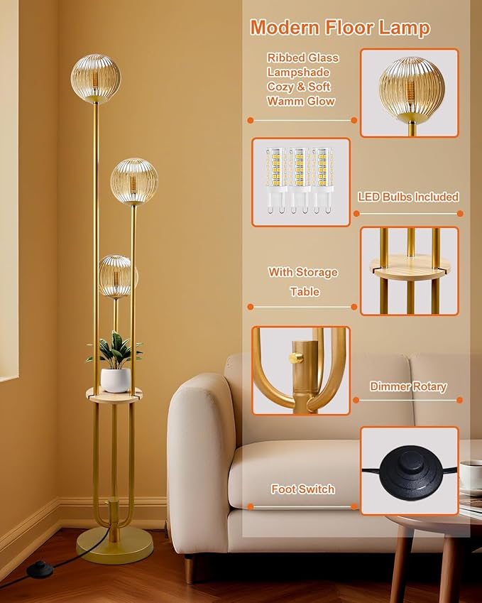 Lightdot Glass Floor Lamp with Shelf, 63IN Dimmable Mid Century Modern Gold Standing Lamps with 3 3000K Soft Warm White Bulbs Included, Globe Floor Lamp for Living Room/Wedding/Office
