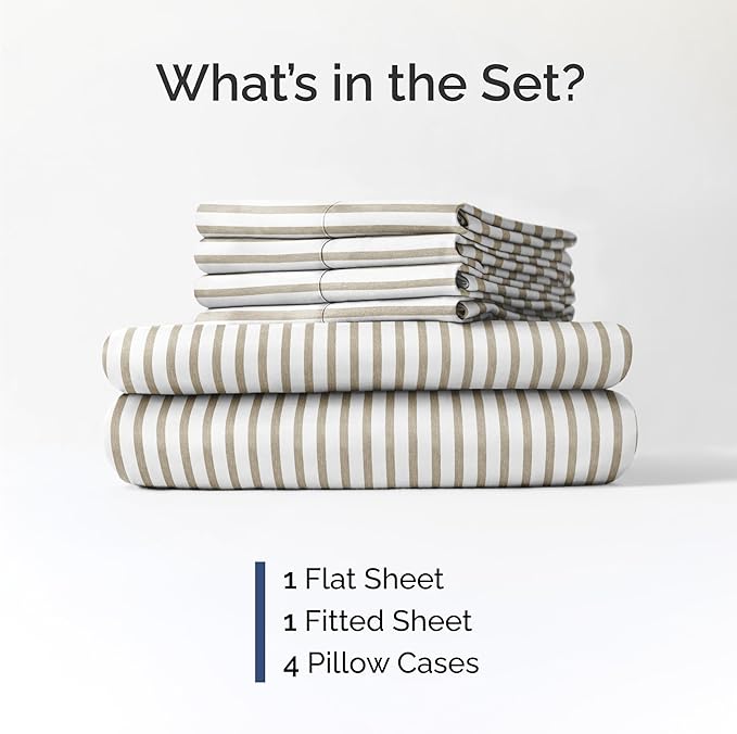 Cal King Sheets Set 6 Piece - Includes 4 Pillowcases - Bed Sheets Cal King Size - Soft Hotel Luxury Bedding - Cooling & Breathable - 1 Flat & 1 Fitted & 4 Pillowcases w/ Deep Pockets - Beige Stripes