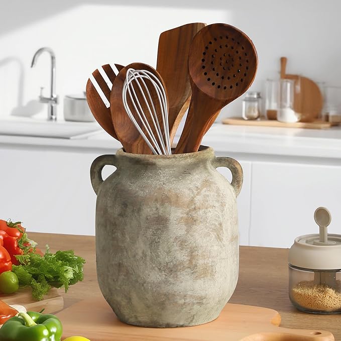 Ceramic Flower Vase Home Decor - 7.6 Inch Farmhouse Rustic Table Vases with Handle Living Room Decoration Decorative Vintage Pottery for Kitchen Shelf Coffee Dining Bookshelf Fireplace Centerpiece