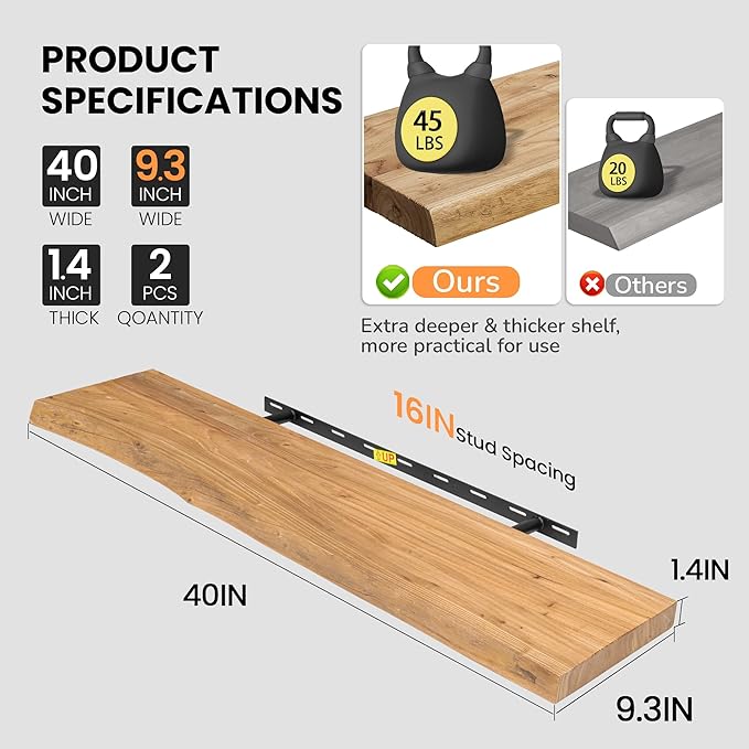 Floating Shelves for Wall, Live Edge 40"W x 9.3"D x 1.5"H Wood Floating Shelf, Set of 2 with Invisible Heavy-Duty Metal Bracket, Deep Floating Shelf for Living Room Kitchen, Natural Finish