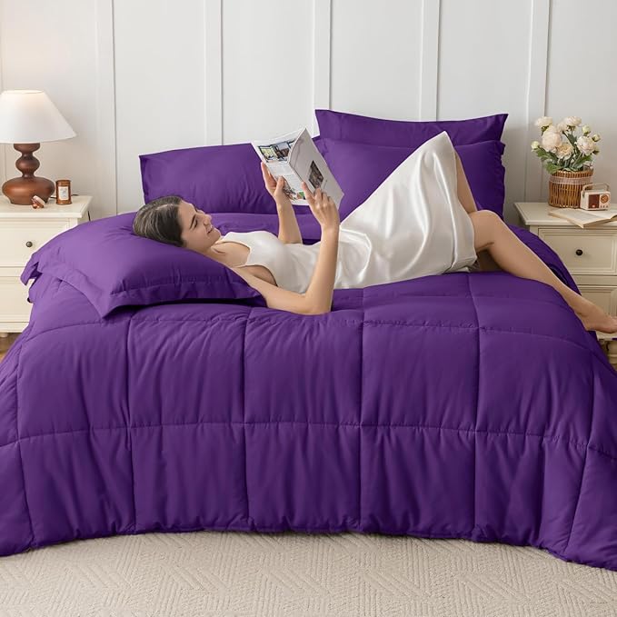 JOLLYVOGUE King Comforter Set, Ultra-Soft Bed in a Bag King Size 7 Pieces, Oeko-TEX Certified Bedding Set with Down Alternative Comforter, Sheets, Pillowcases & Shams, Purple