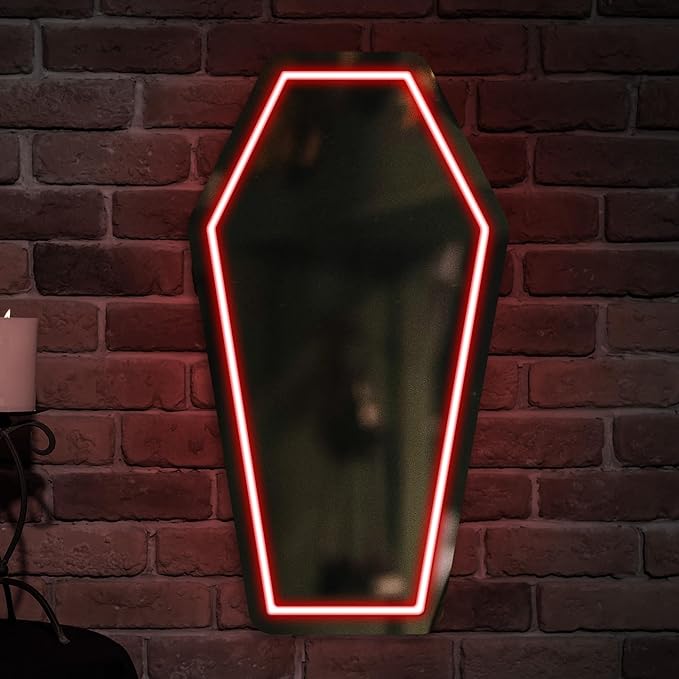 Kavaas Neon Coffin Mirror 16.9" x 9.6", Gothic LED Light Mirror Sign for Gothic Room Decor, Living Room, Bedroom, Bar - Best Gifts for Goth Lovers, Halloween Neon Signs Wall Art, Christmas