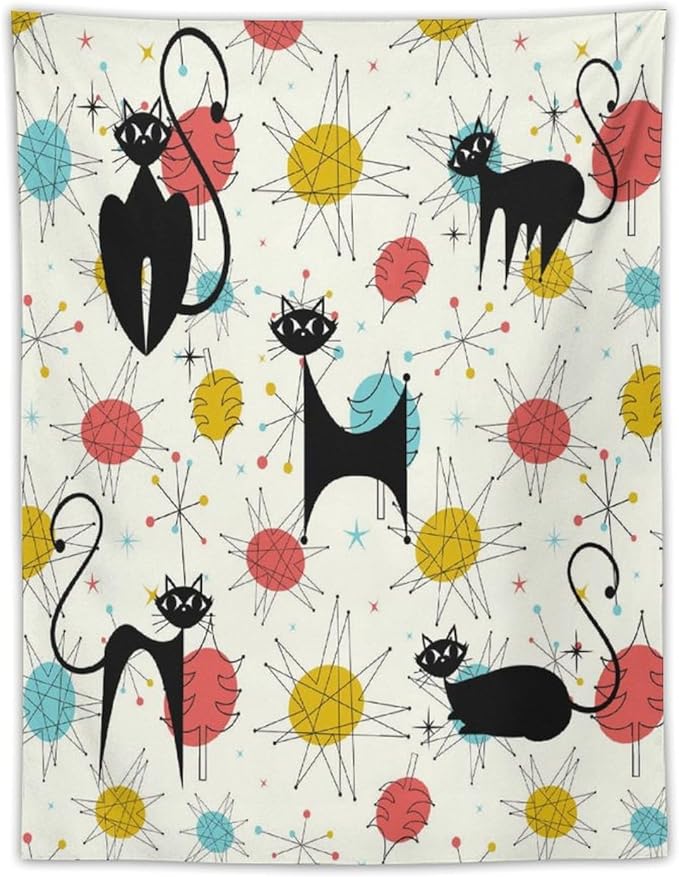 ICMOLYYENLO Abstract Cat Tapestry, Medieval Abstract Atomic Star Cat Vintage Home Wall Hanging Art Tapestry for Bedroom Living Room Dormitory 60x80 Inch