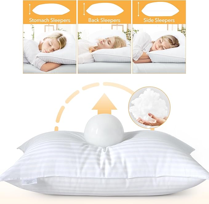 Oubonun Standard Size Pillows Set of 2 - Fluffy & Supportive Down Alternative Pillows with Zippered Cotton Cover - Breathable and Cool for All Sleeping Positions - Machine Washable - 20"x26"